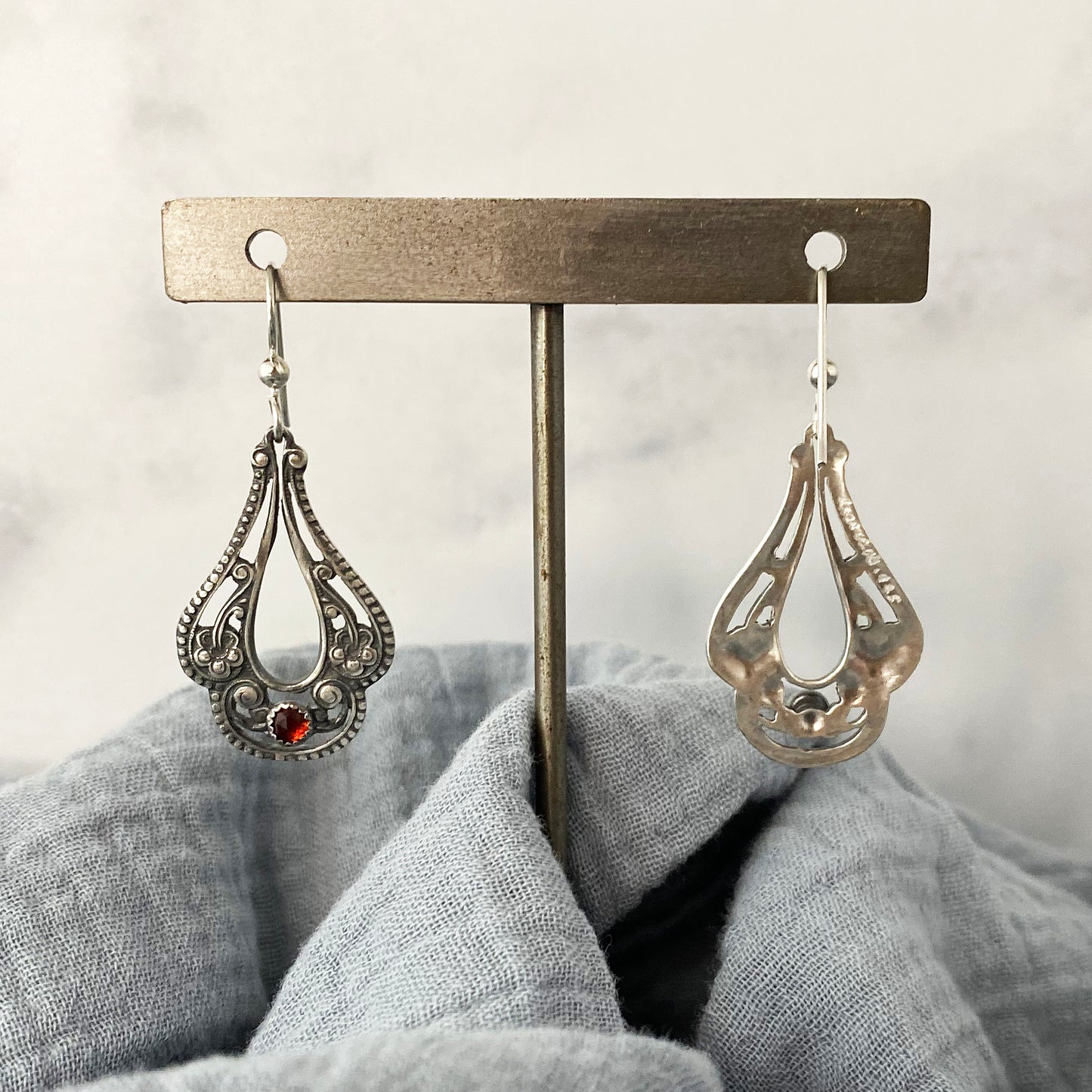 Pierced Victorian Floral Earrings with Garnets