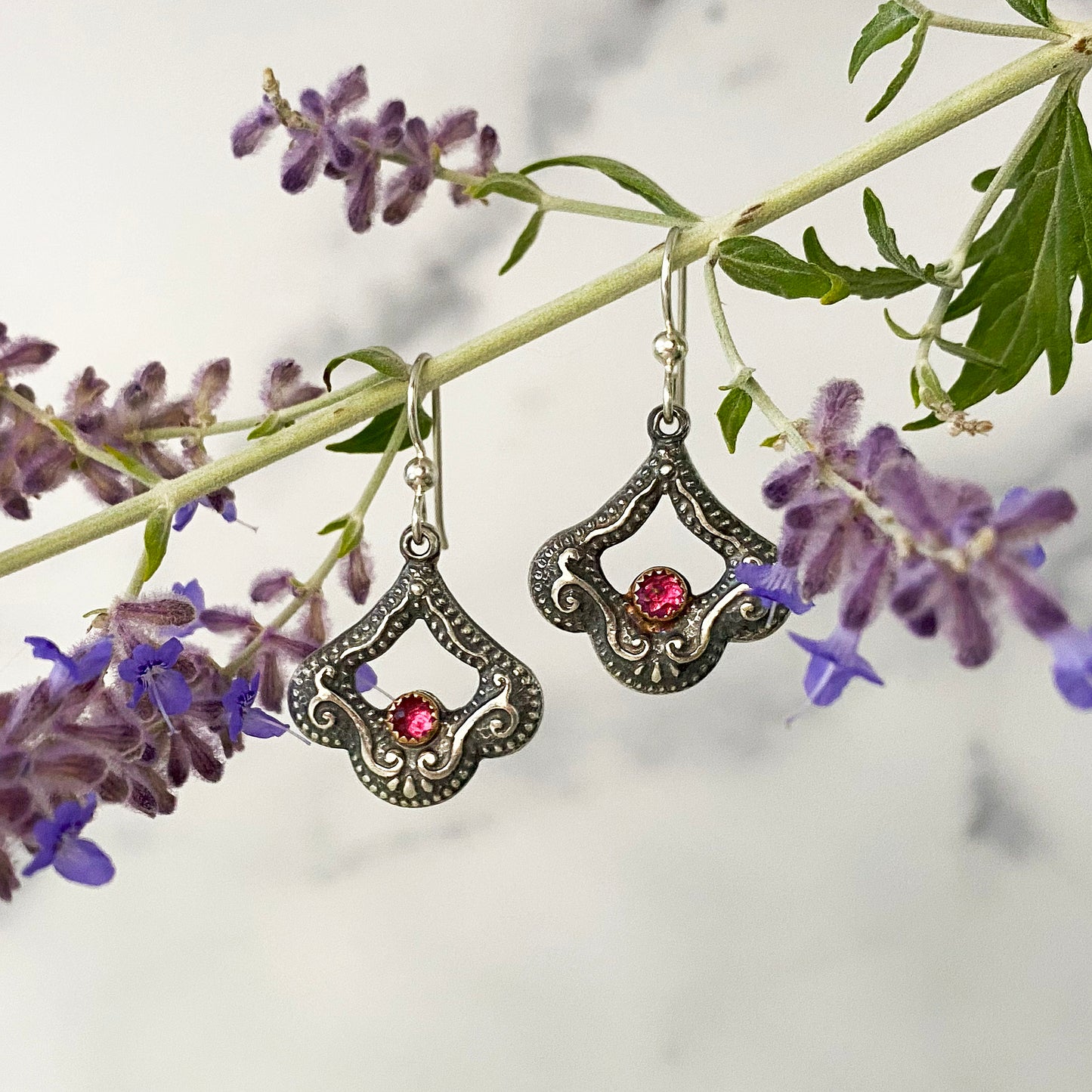 Pink Rhyolite Victorian Drop Earrings with gold and silver
