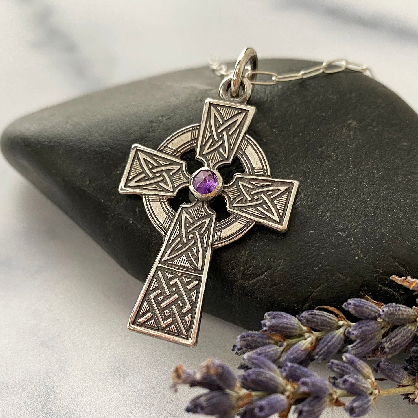 Celtic Cross Necklace with Amethyst or Blue Topaz