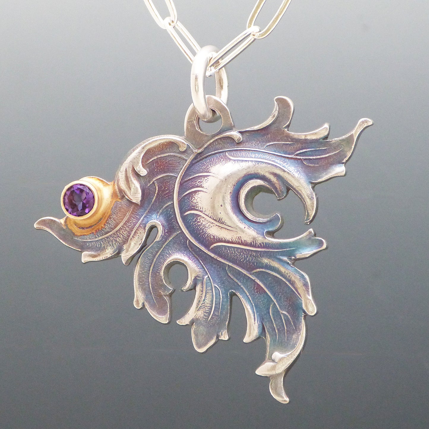 Purple Amethyst Art Nouveau Leaf Necklace