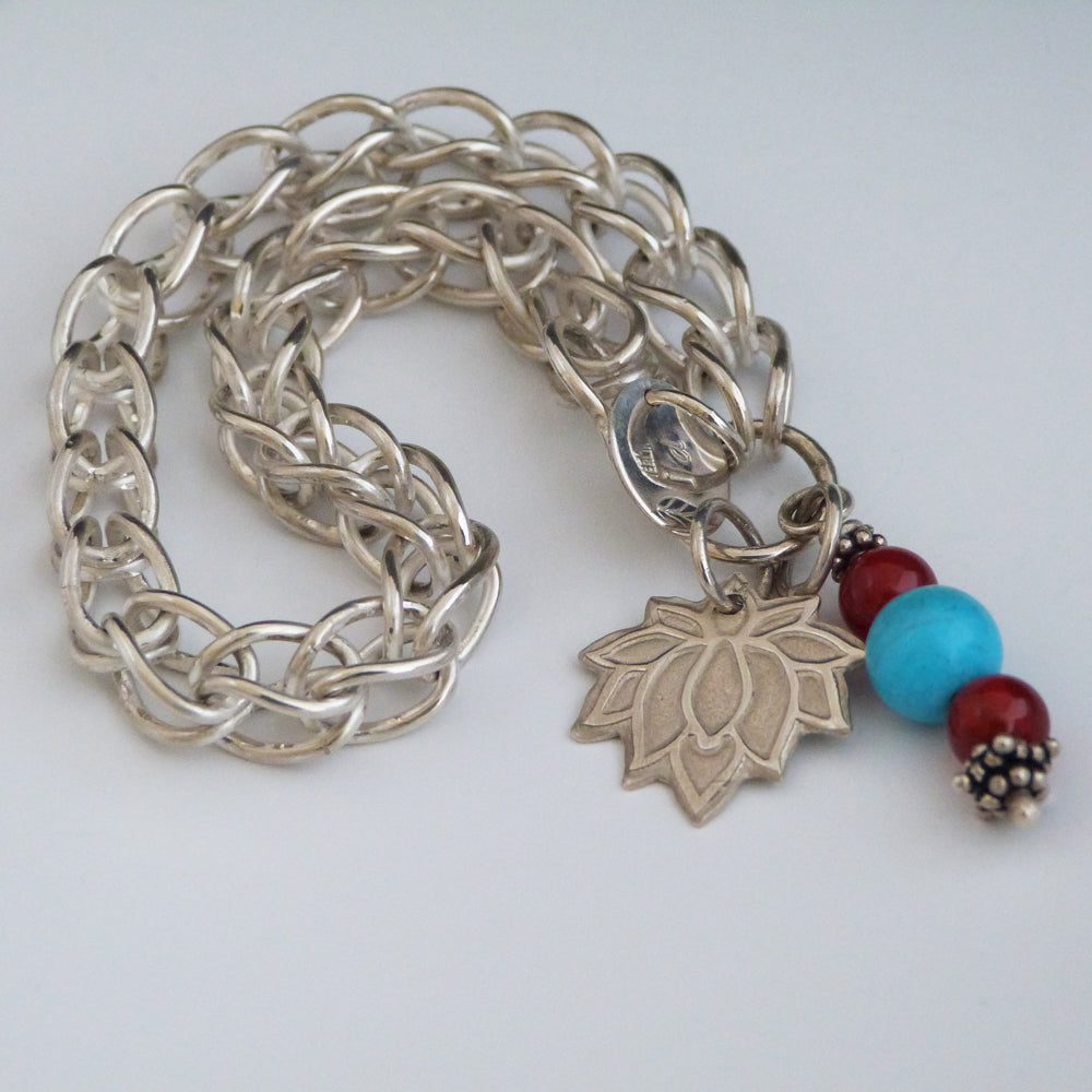 Sterling Silver Link Bracelet with Lotus and Gemstones