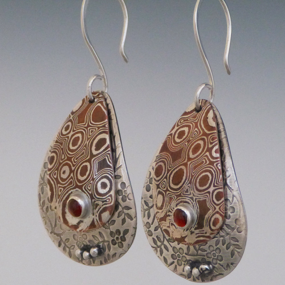 Mokume and Sterling Silver Floral Garnet Earrings