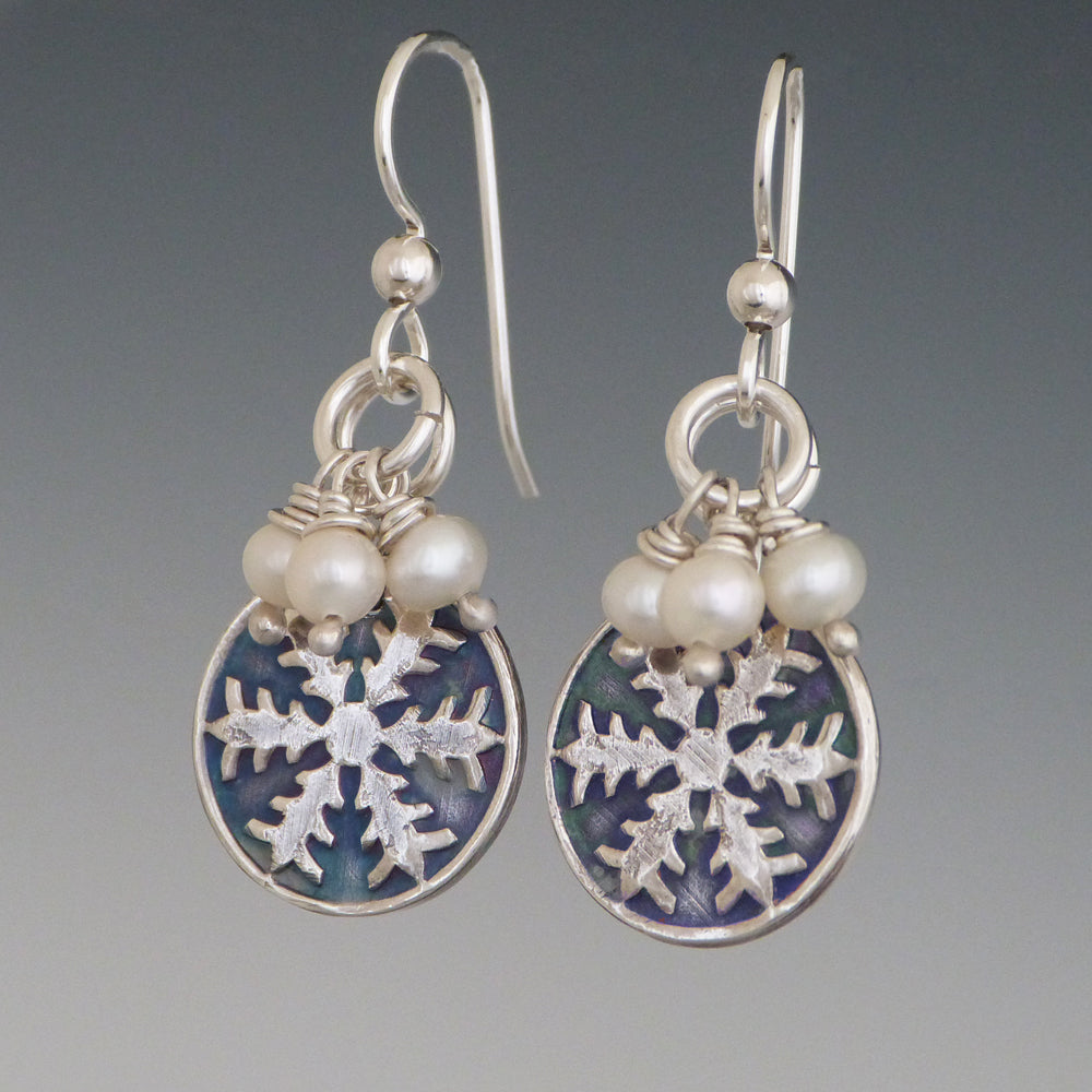 Silver and White Pearl Snowflake Earrings