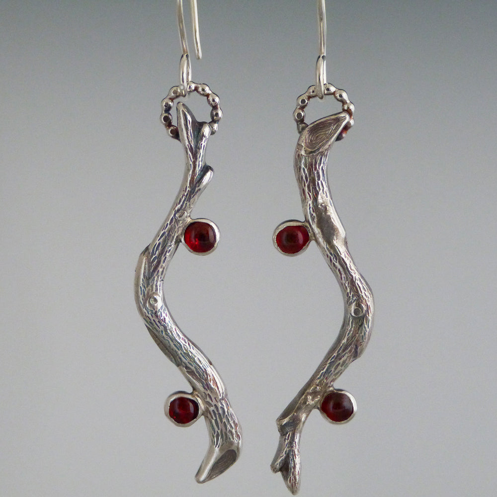 Sterling Silver Twig Earrings with Garnets