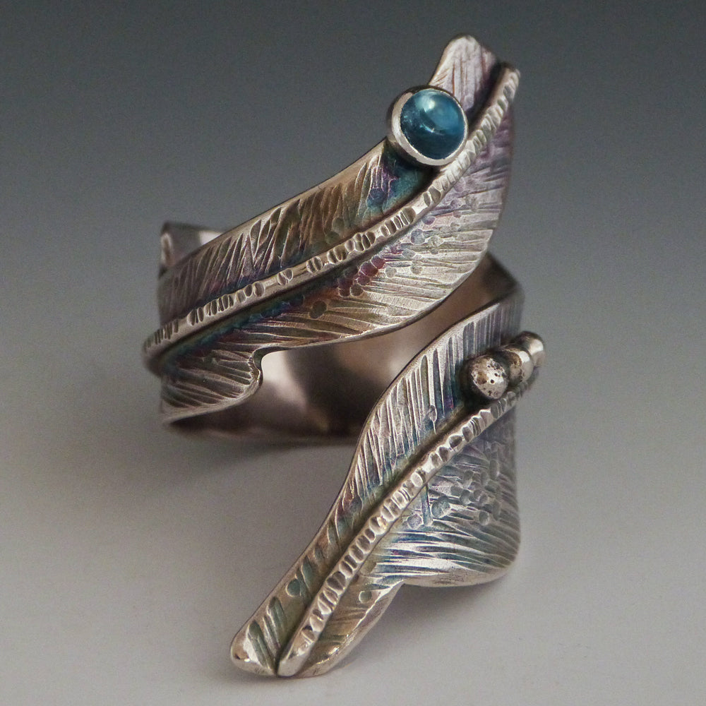 Adjustable Sterling Silver Topaz Feather Ring