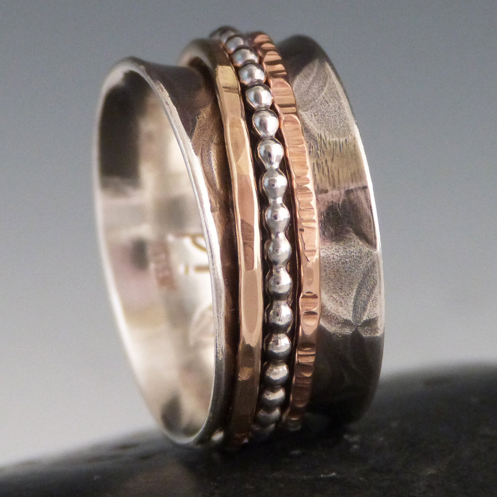 Tripple Spinner Ring Sterling Silver 14k Rose and Yellow Gold Fill