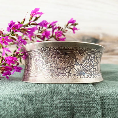 Engraved Floral Hummingbird Cuff