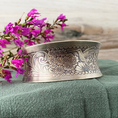 Engraved Floral Hummingbird Cuff