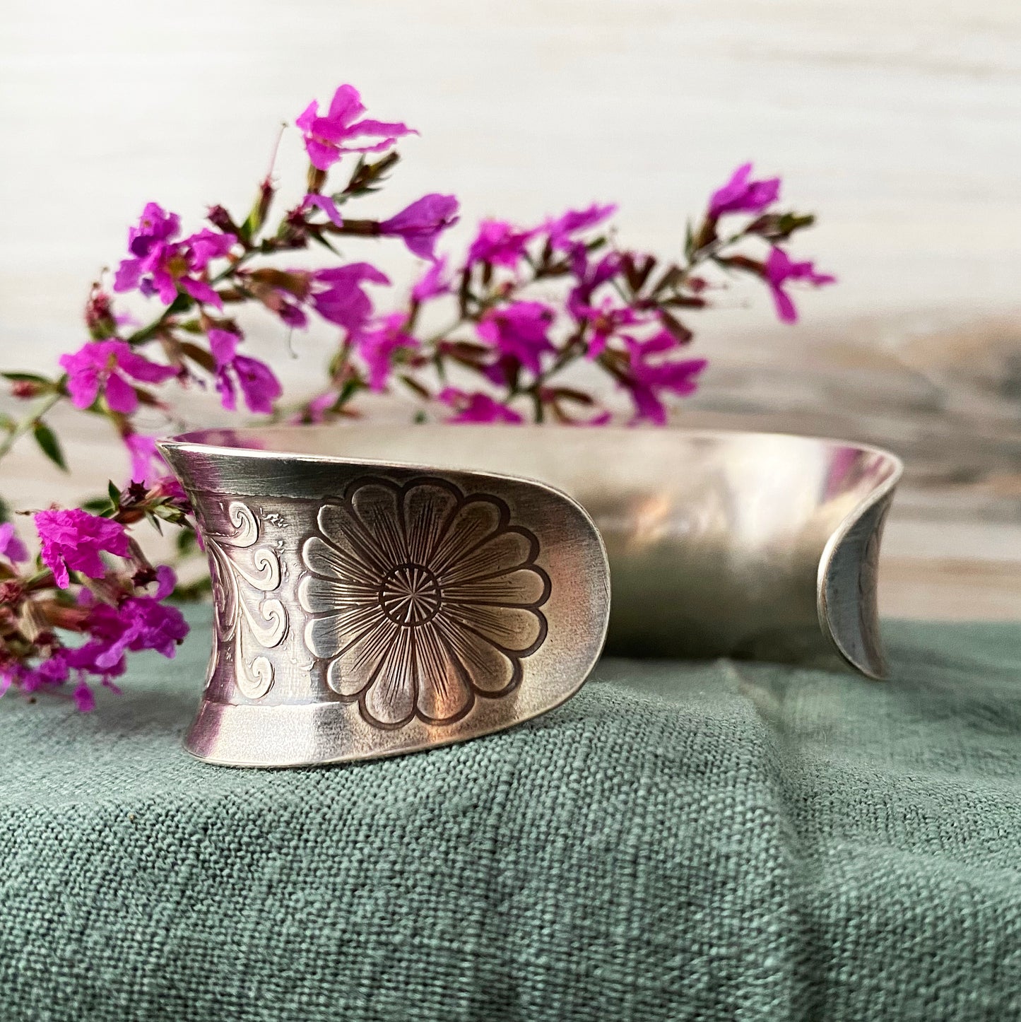 Engraved Floral Hummingbird Cuff