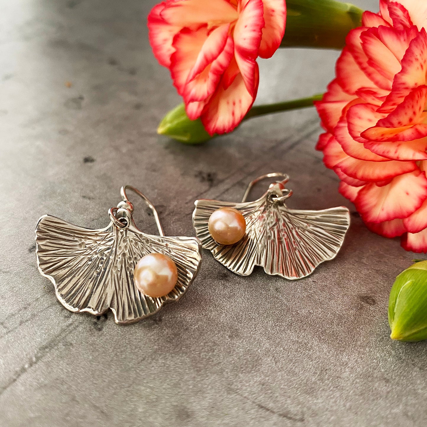 Peach Freshwater Pearl Ginkgo Earrings
