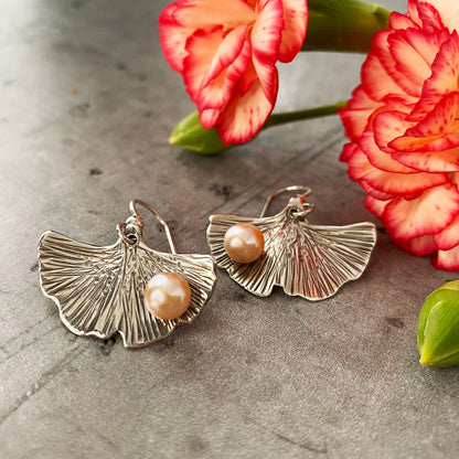 Peach Freshwater Pearl Ginkgo Earrings