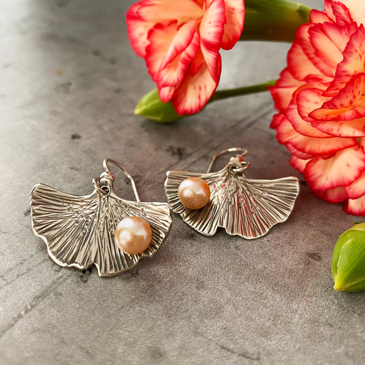 Peach Freshwater Pearl Ginkgo Earrings