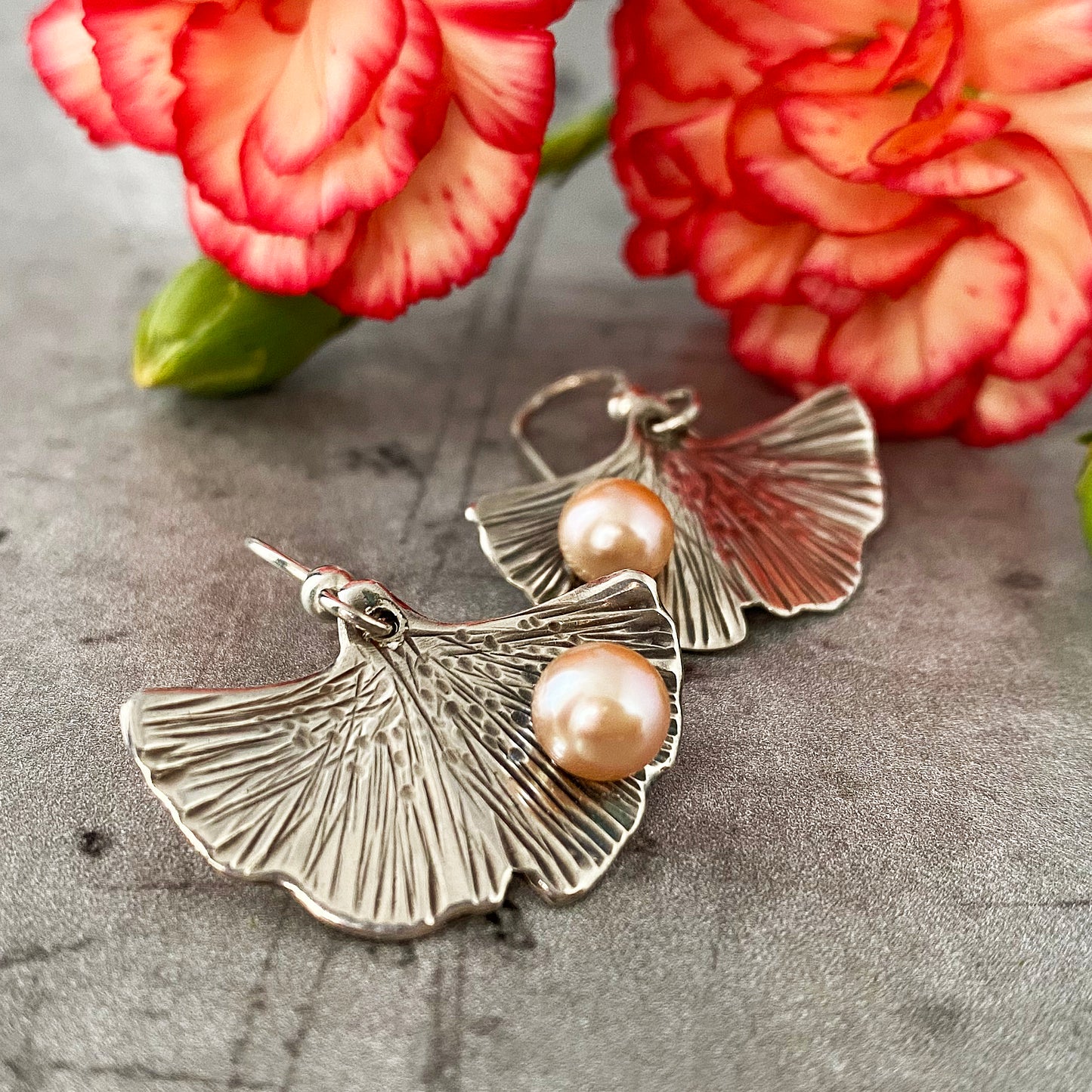 Peach Freshwater Pearl Ginkgo Earrings