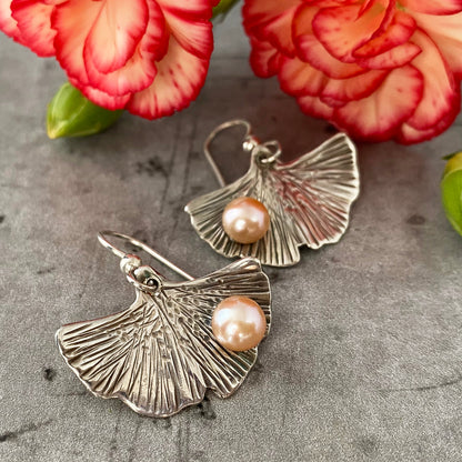 Peach Freshwater Pearl Ginkgo Earrings