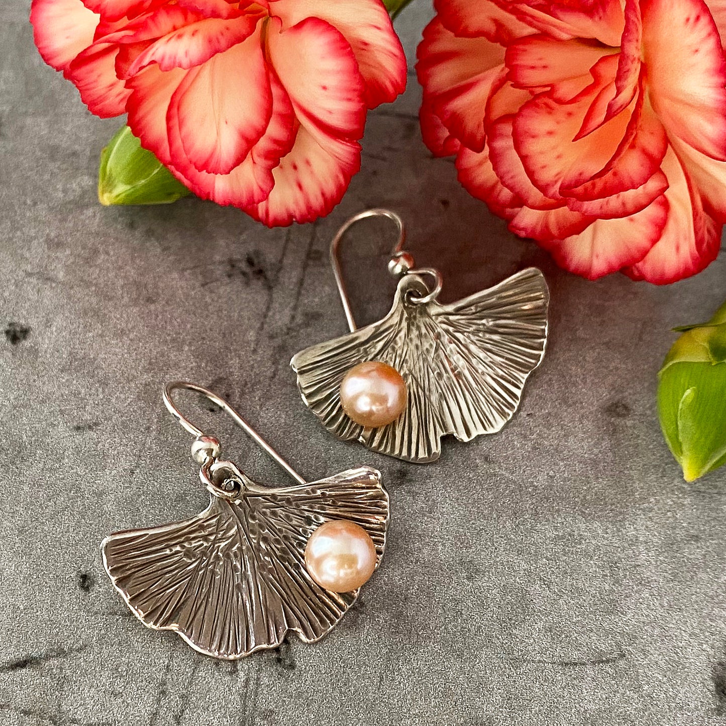 Peach Freshwater Pearl Ginkgo Earrings