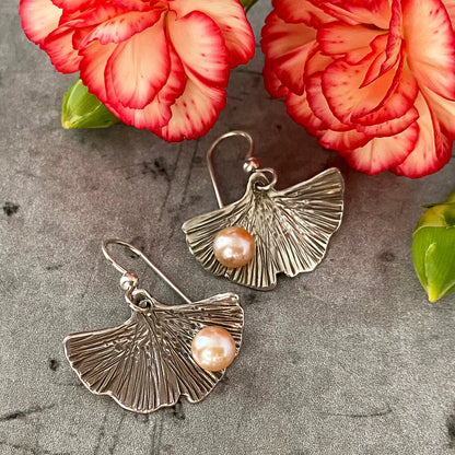 Peach Freshwater Pearl Ginkgo Earrings