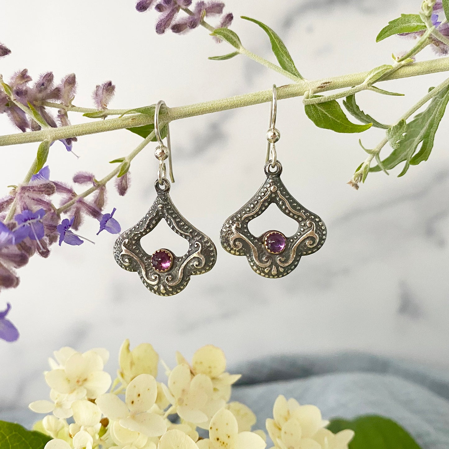 Amethyst Victorian Drop Earrings with silver and gold