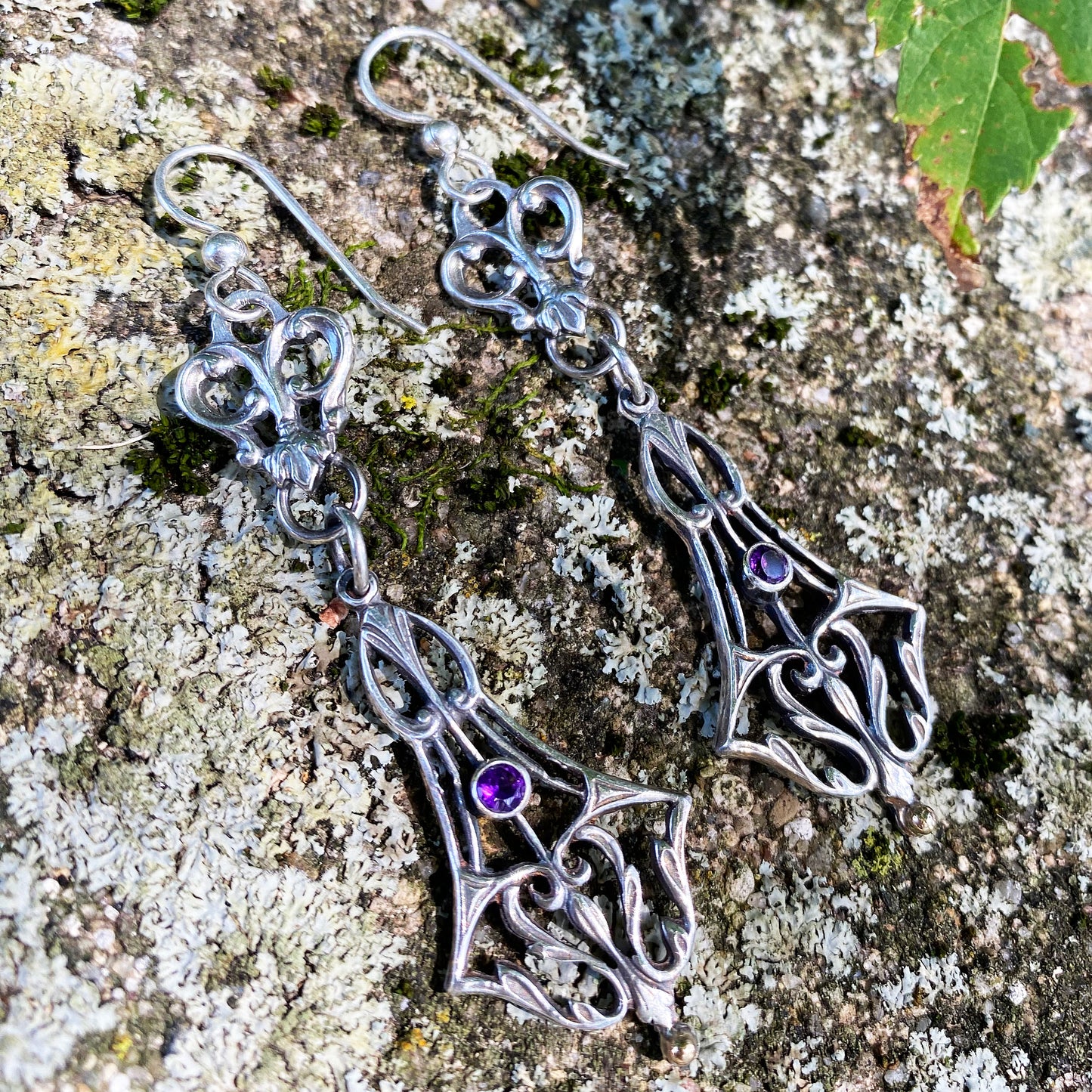 Victorian Hand Pierced Earrings with Amethyst