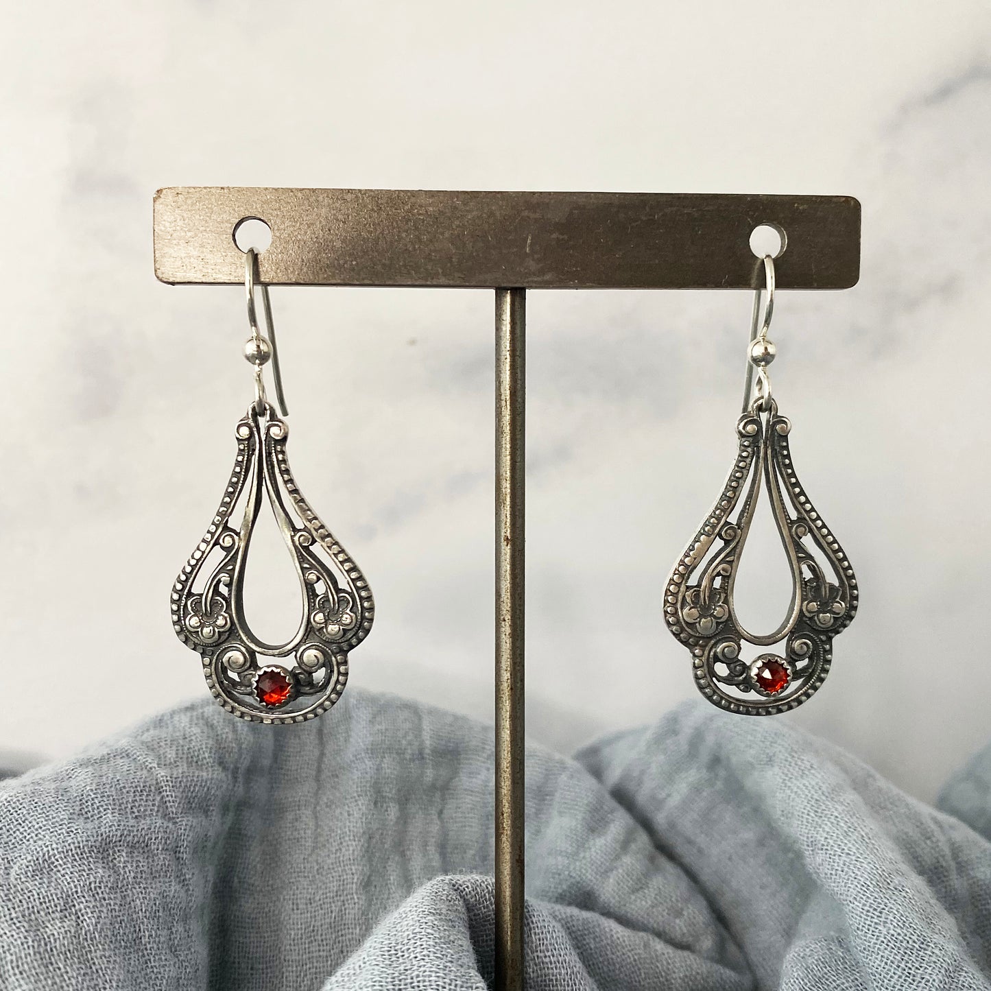 Pierced Victorian Floral Earrings with Garnets