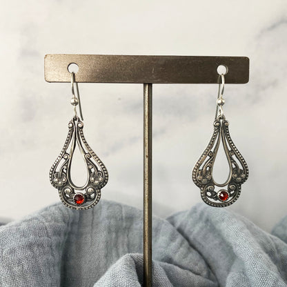 Pierced Victorian Floral Earrings with Garnets
