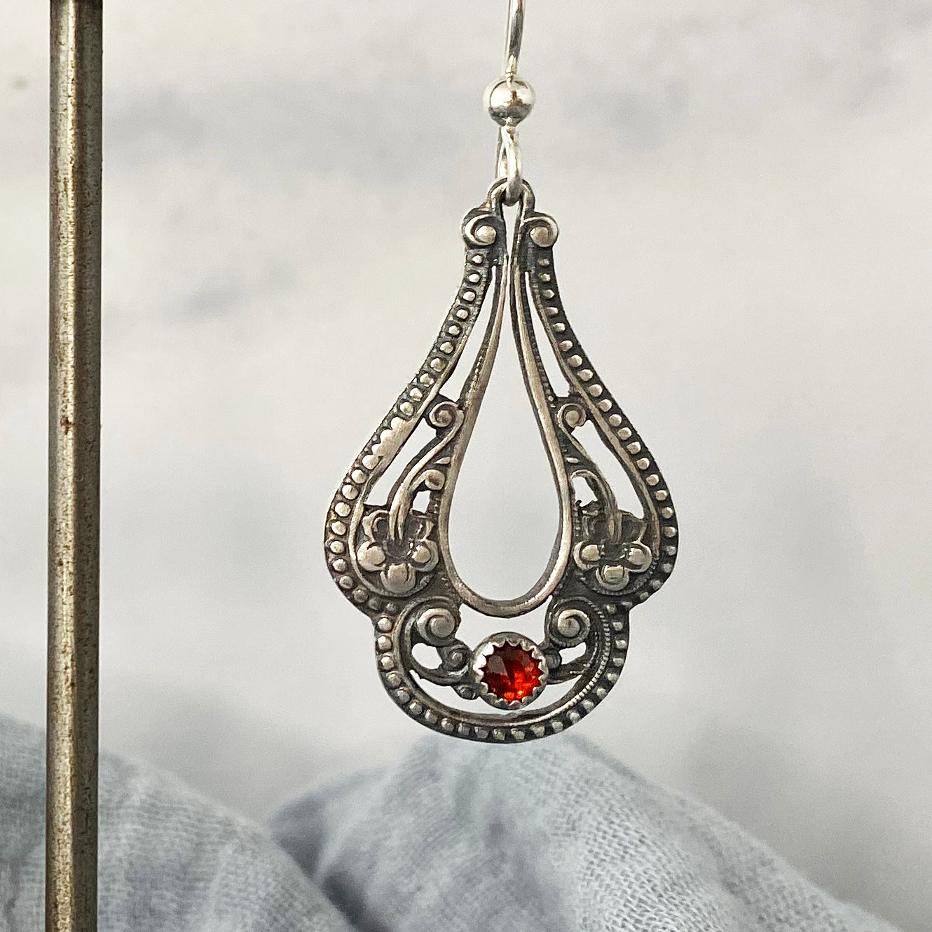 Pierced Victorian Floral Earrings with Garnets