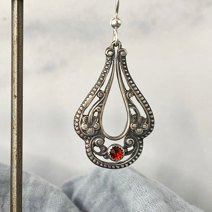 Pierced Victorian Floral Earrings with Garnets