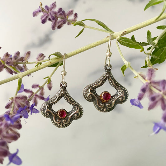 Pink Rhyolite Victorian Drop Earrings with gold and silver
