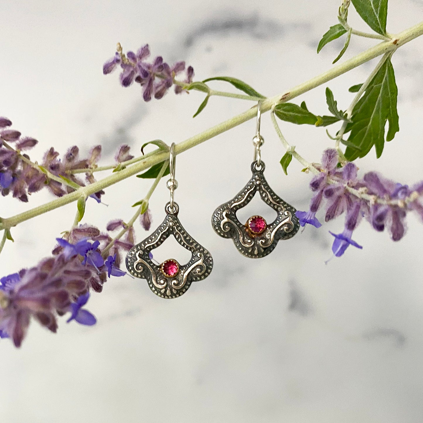 Pink Rhyolite Victorian Drop Earrings with gold and silver