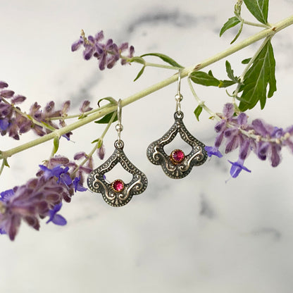 Pink Rhyolite Victorian Drop Earrings with gold and silver