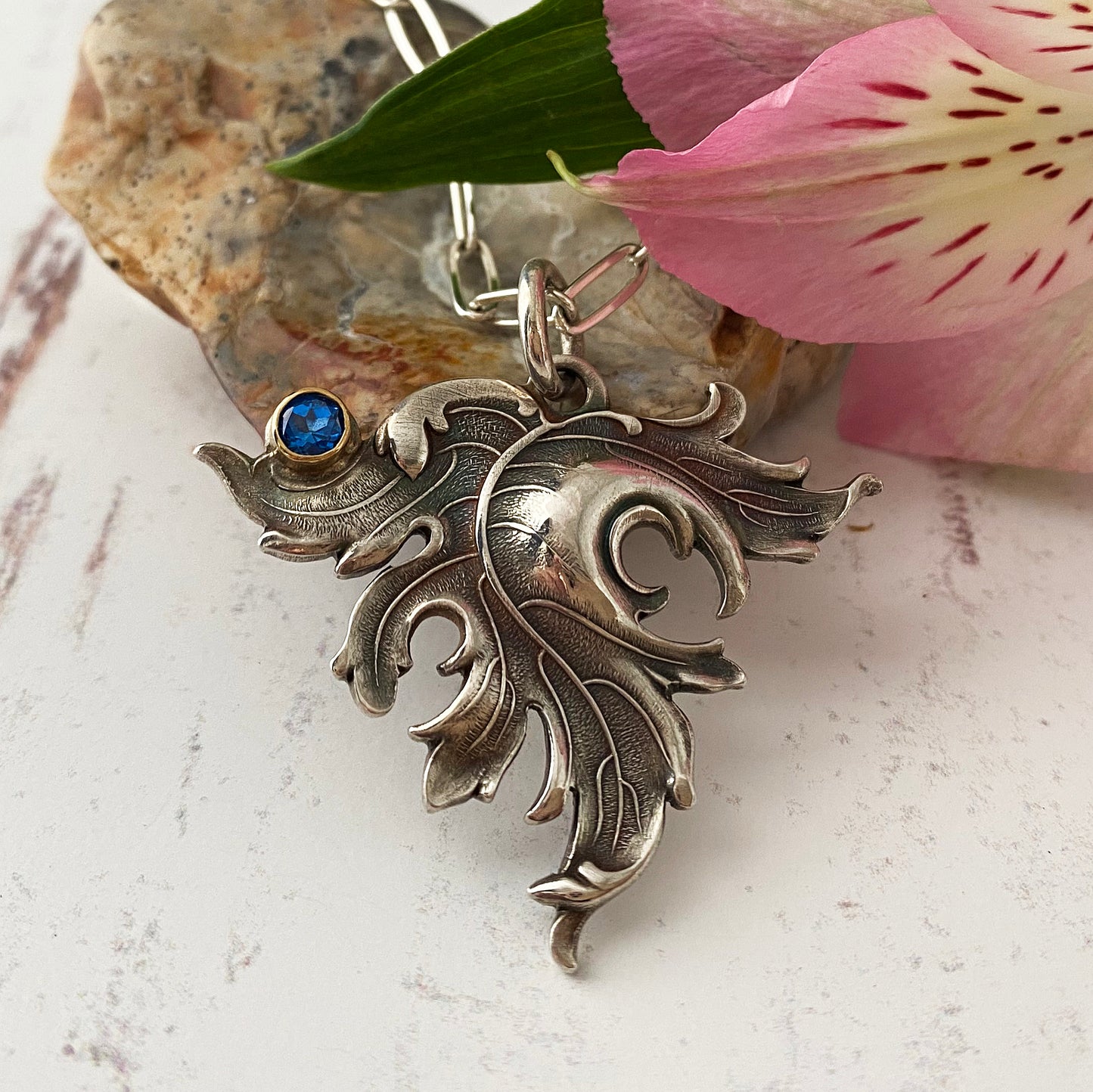 Blue Topaz Art Nouveau Leaf Necklace