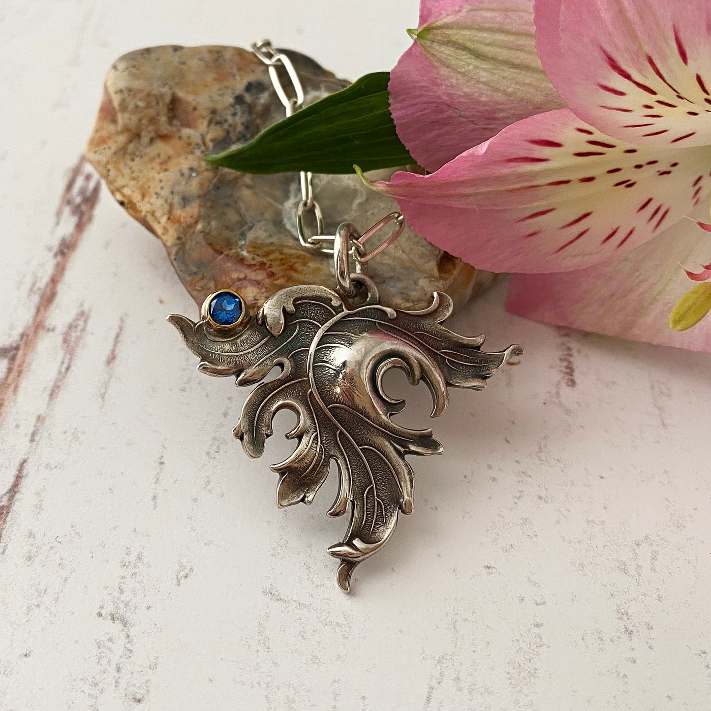 Blue Topaz Art Nouveau Leaf Necklace