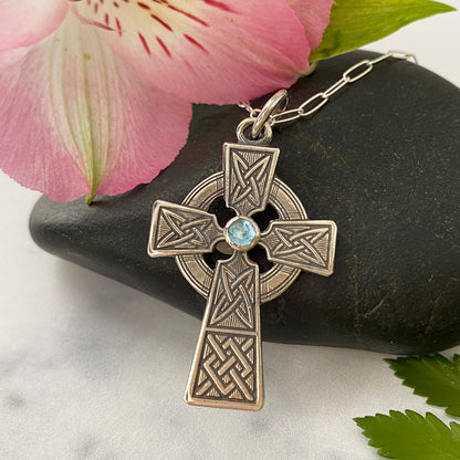 Celtic Cross Necklace with Amethyst or Blue Topaz