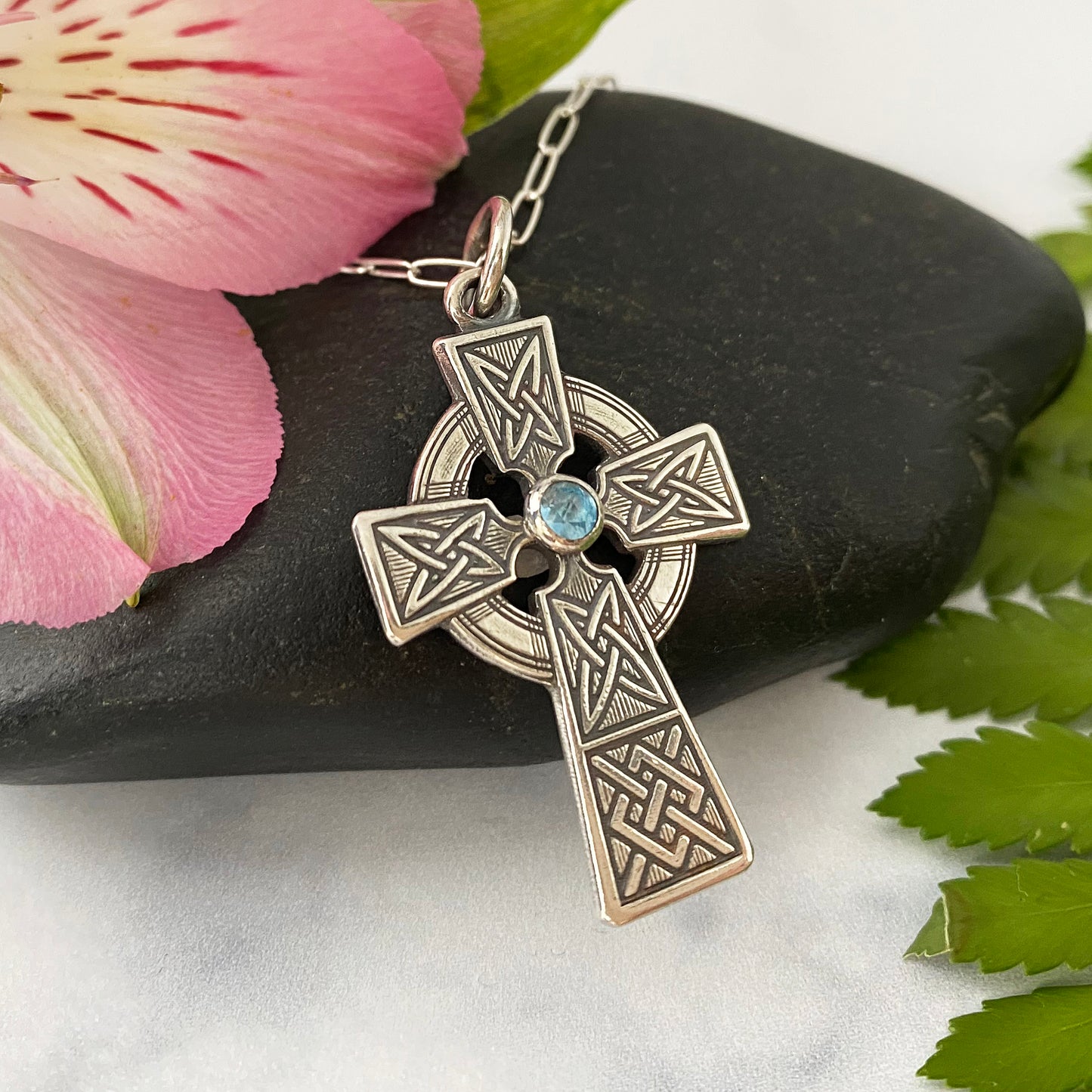 Celtic Cross Necklace with Amethyst or Blue Topaz