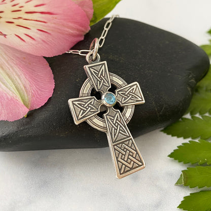 Celtic Cross Necklace with Amethyst or Blue Topaz