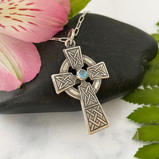 Celtic Cross Necklace with Amethyst or Blue Topaz