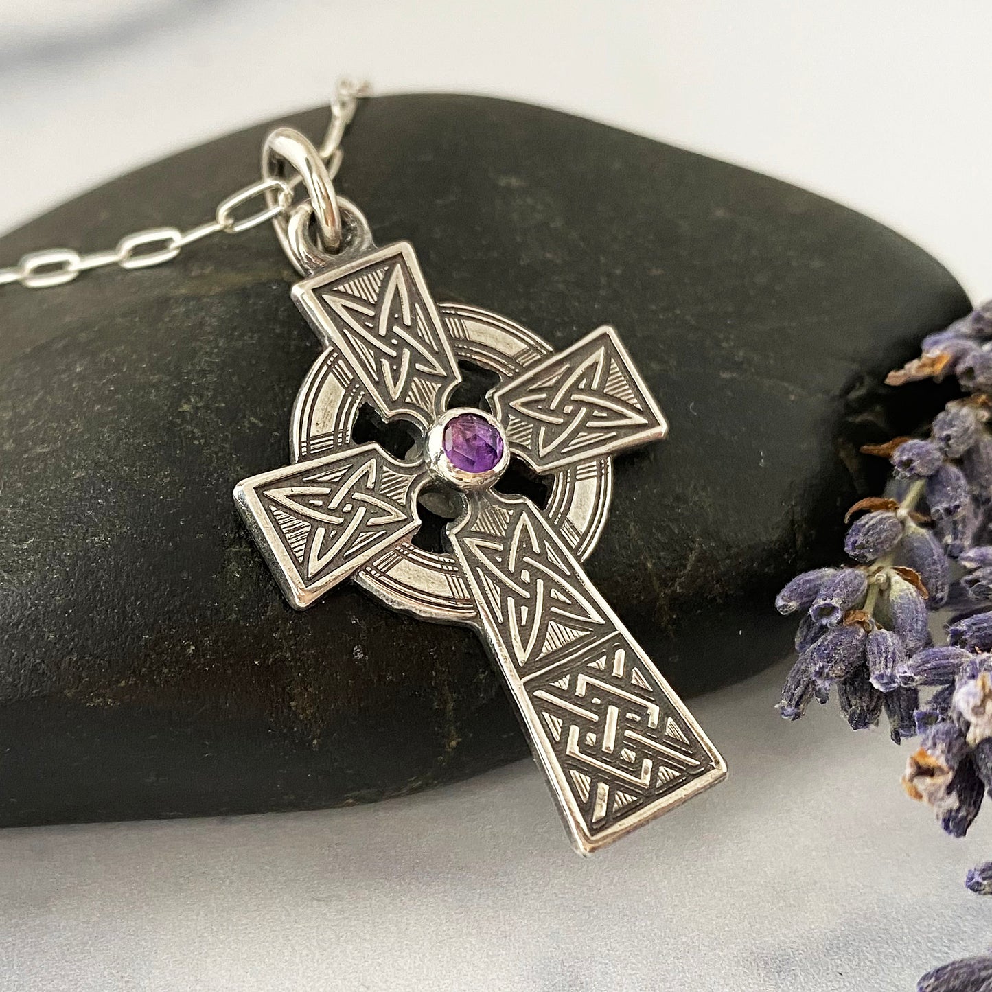 Celtic Cross Necklace with Amethyst or Blue Topaz