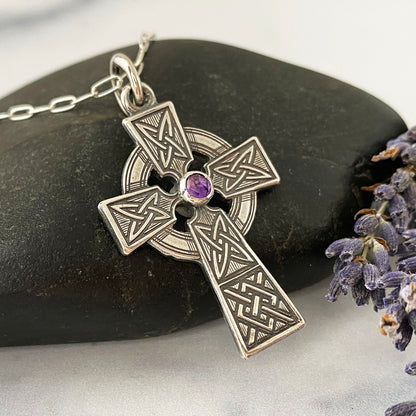 Celtic Cross Necklace with Amethyst or Blue Topaz