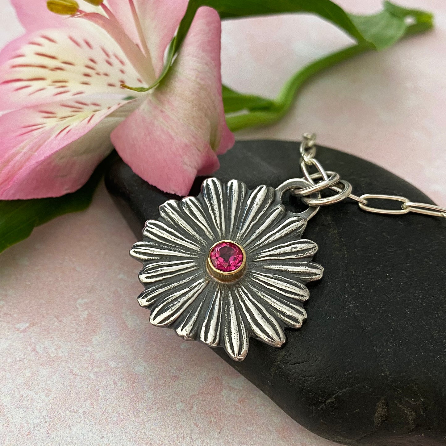 Pink Topaz Daisy Necklace
