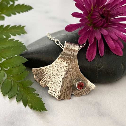 Forged Ginkgo Garnet Necklace