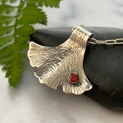 Forged Ginkgo Garnet Necklace