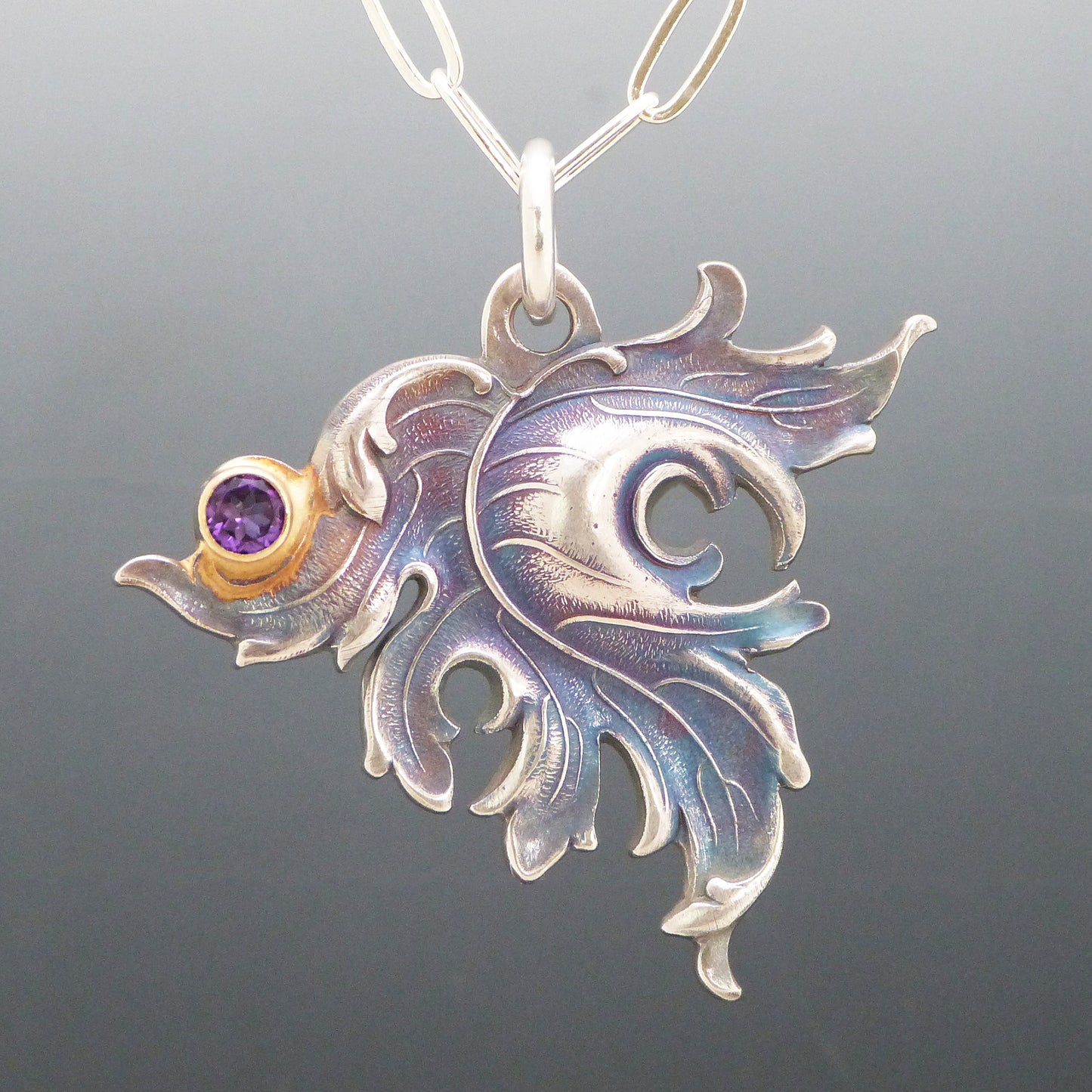 Purple Amethyst Art Nouveau Leaf Necklace