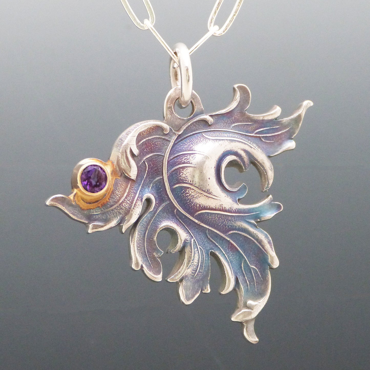 Purple Amethyst Art Nouveau Leaf Necklace