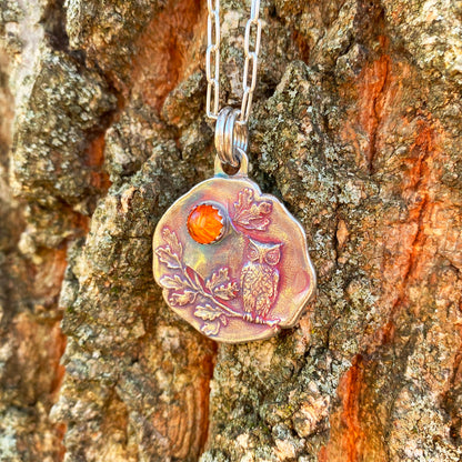 Woodland Owl Necklace with Amber Gemstone