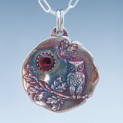 Woodland Owl Necklace with Garnet Gemstone