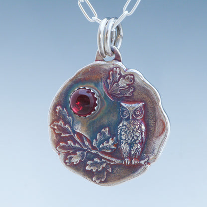 Woodland Owl Necklace with Garnet Gemstone
