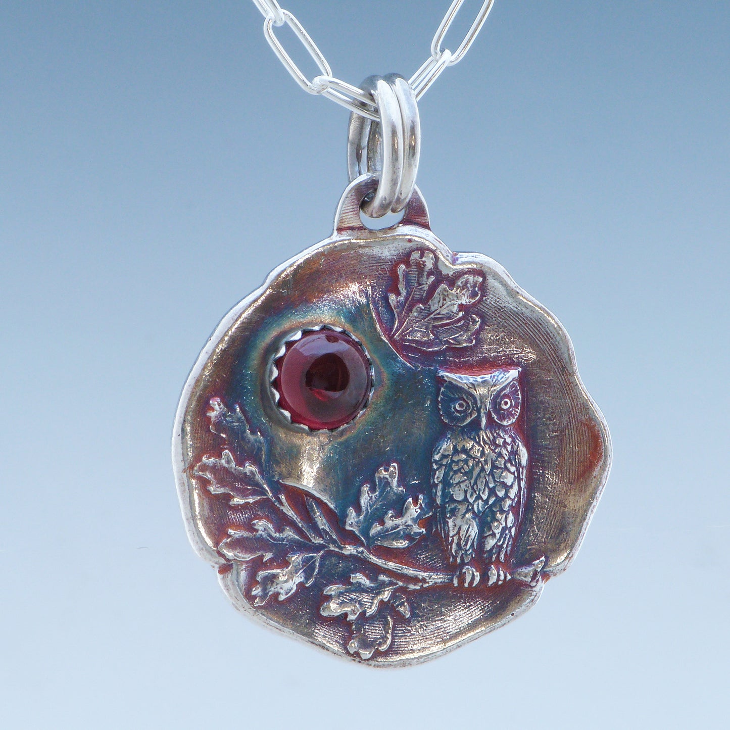 Woodland Owl Necklace with Garnet Gemstone