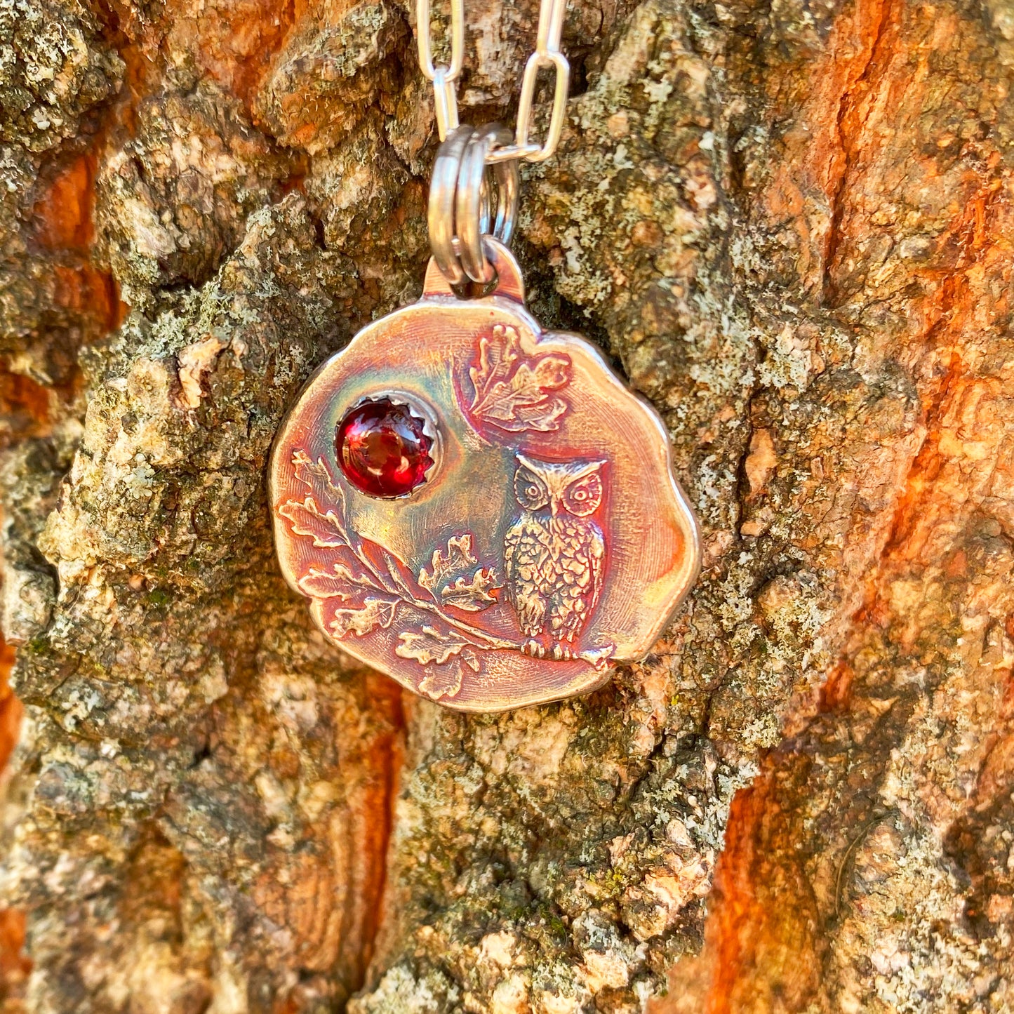 Woodland Owl Necklace with Garnet Gemstone