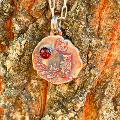 Woodland Owl Necklace with Garnet Gemstone