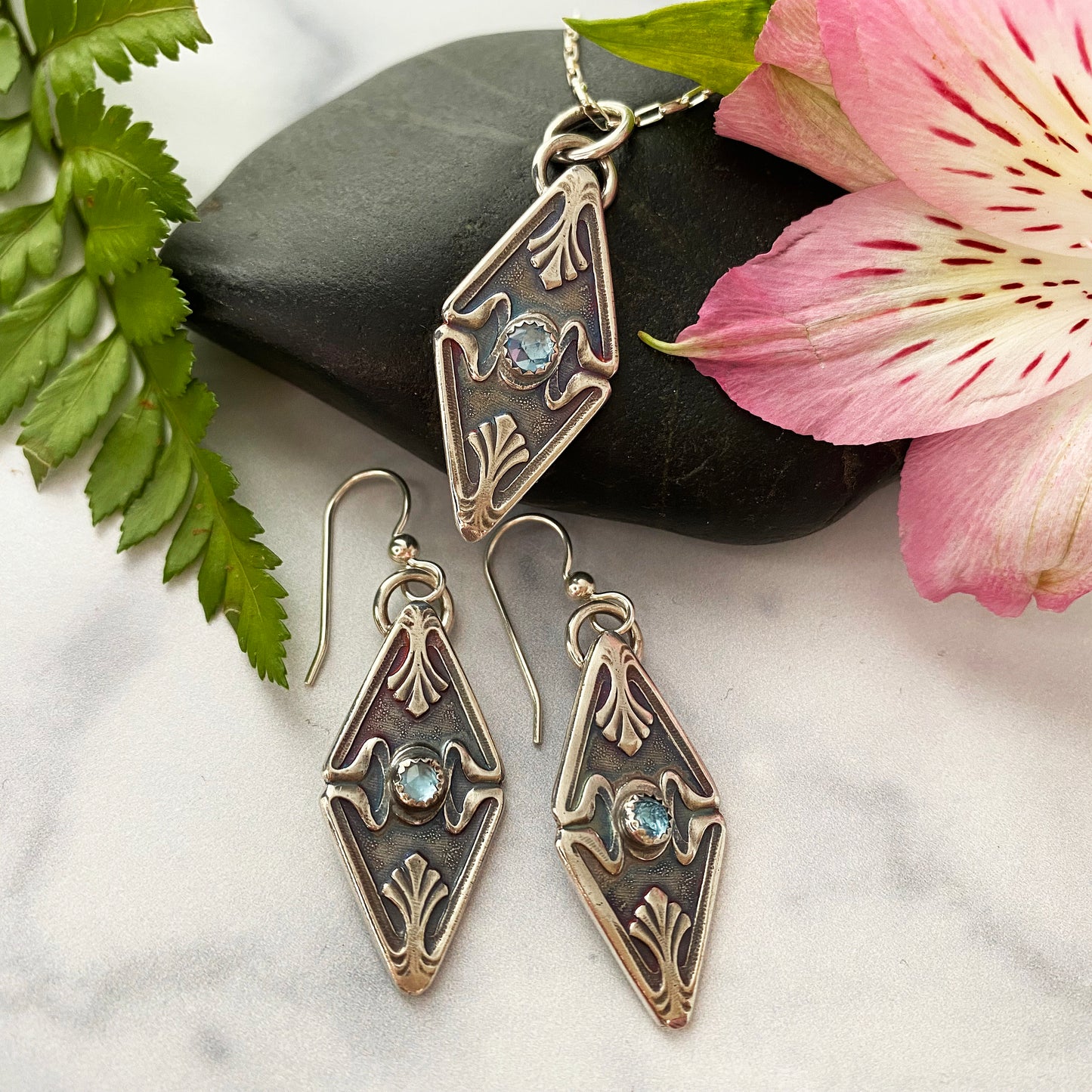 Art Deco Sky Blue Topaz Necklace/Earrings