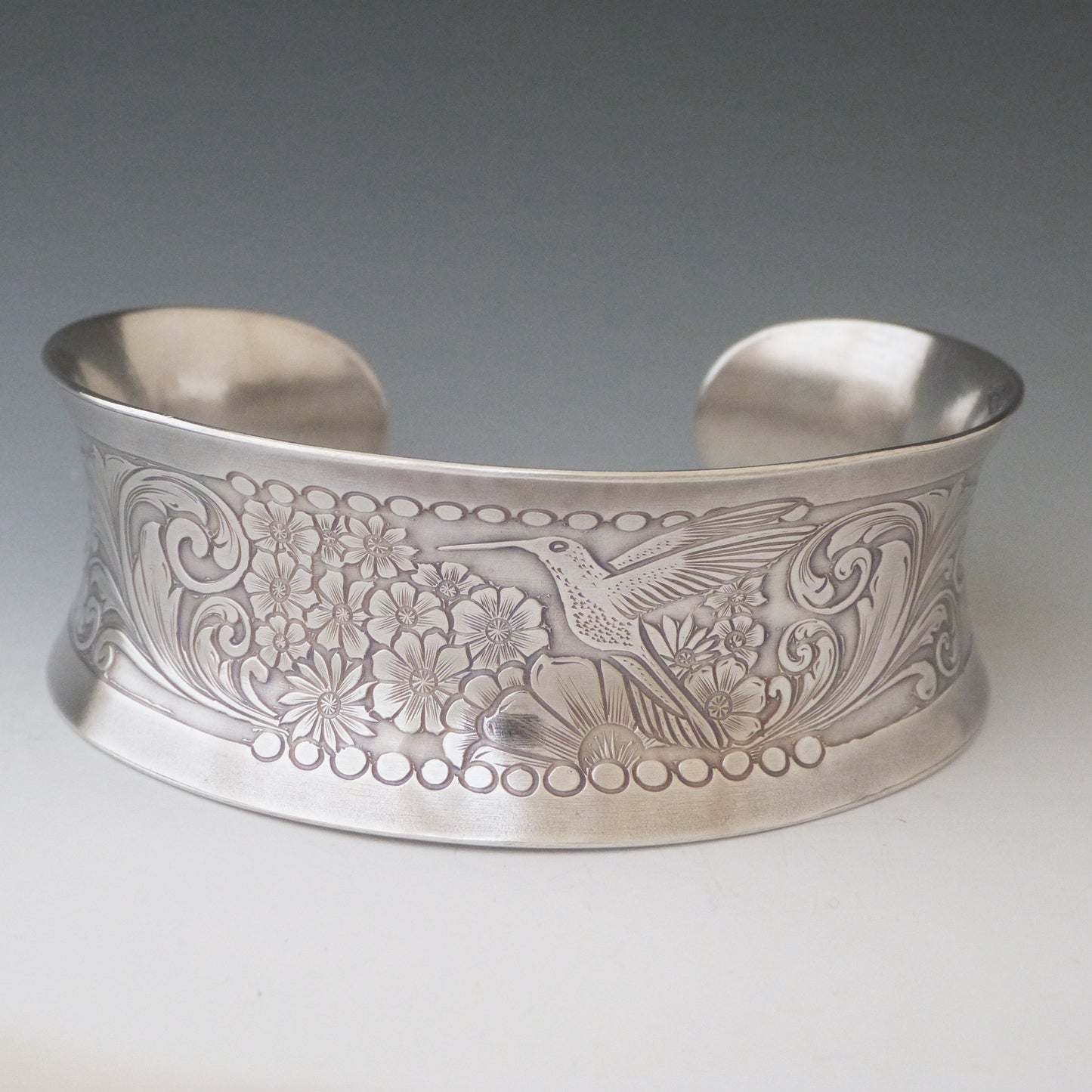 Engraved Floral Hummingbird Cuff